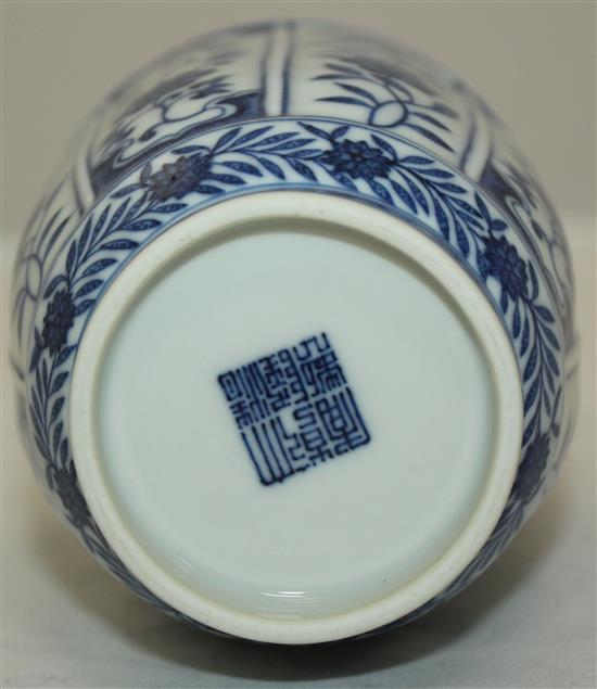 A Chinese blue and white bottle vase, Qianlong mark but later painted in Ming style, 20cm